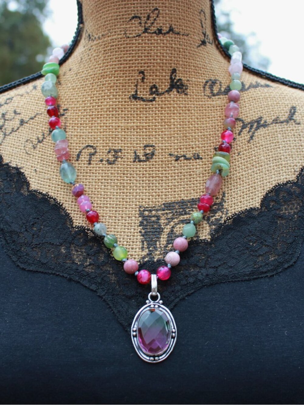 Beaded Gemstone Necklace in Pink and Green with Tourmaline Pendant - Picture 2 of 7